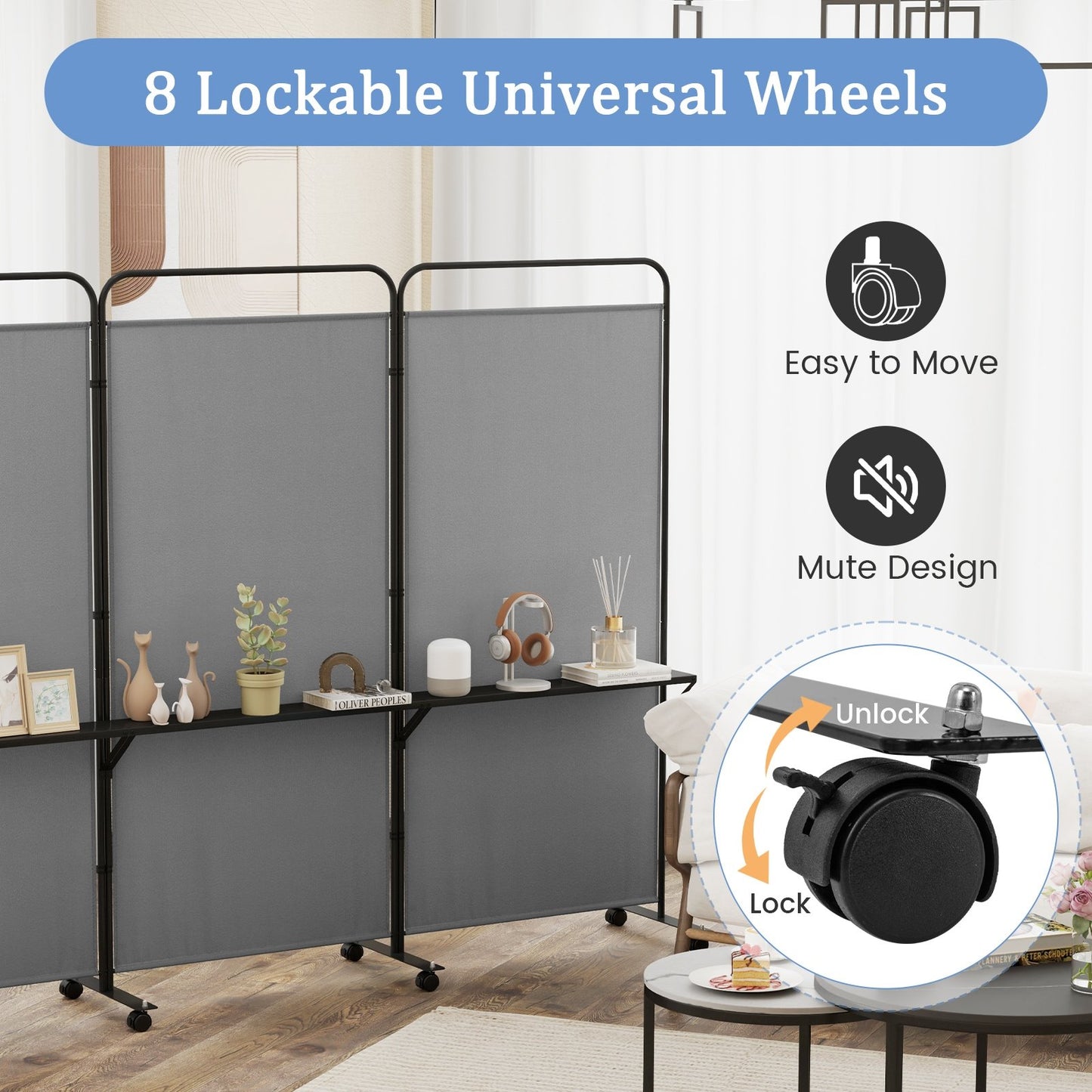 3-Panel Rolling Privacy Screen with 3 Metal Shelves and 180° Swivel Hinges - Grey
