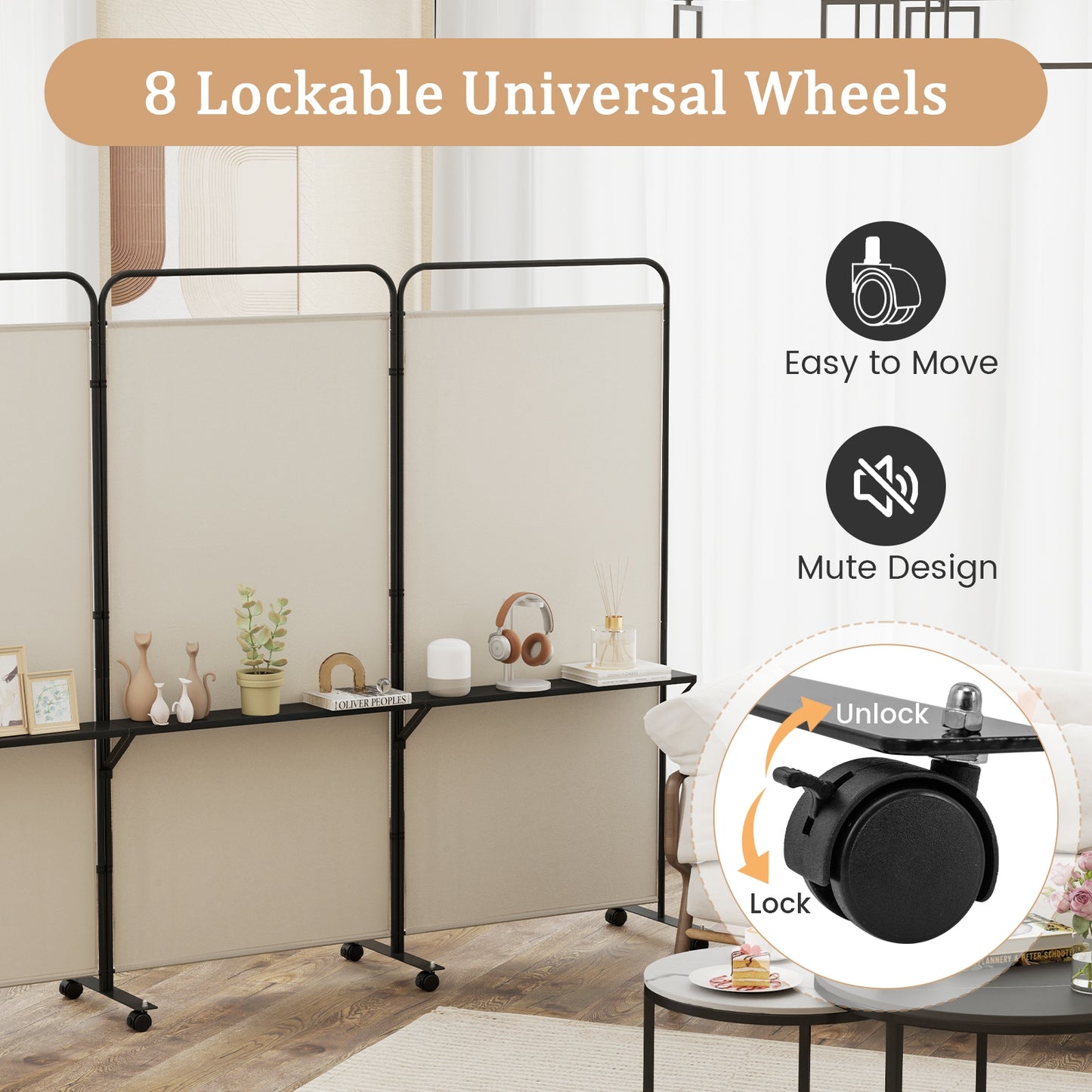3-Panel Rolling Privacy Screen with 3 Metal Shelves and 180° Swivel Hinges - Beige