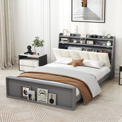 Modern Full Size Upholstered Platform Bed Frame with Storage Headboard and Footboard Shelves