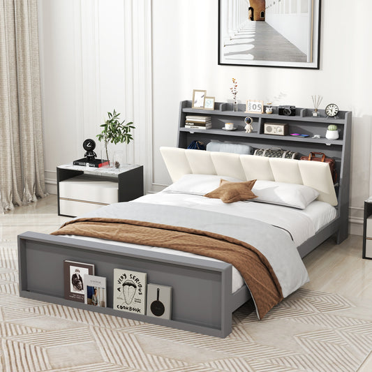 Modern Full Size Upholstered Platform Bed Frame with Storage Headboard and Footboard Shelves