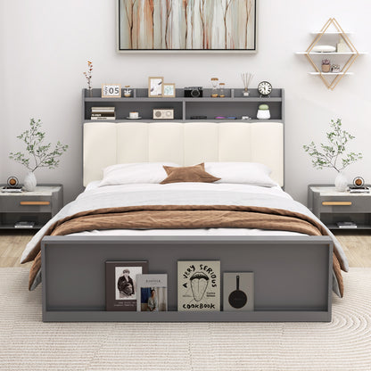 Modern Full Size Upholstered Platform Bed Frame with Storage Headboard and Footboard Shelves