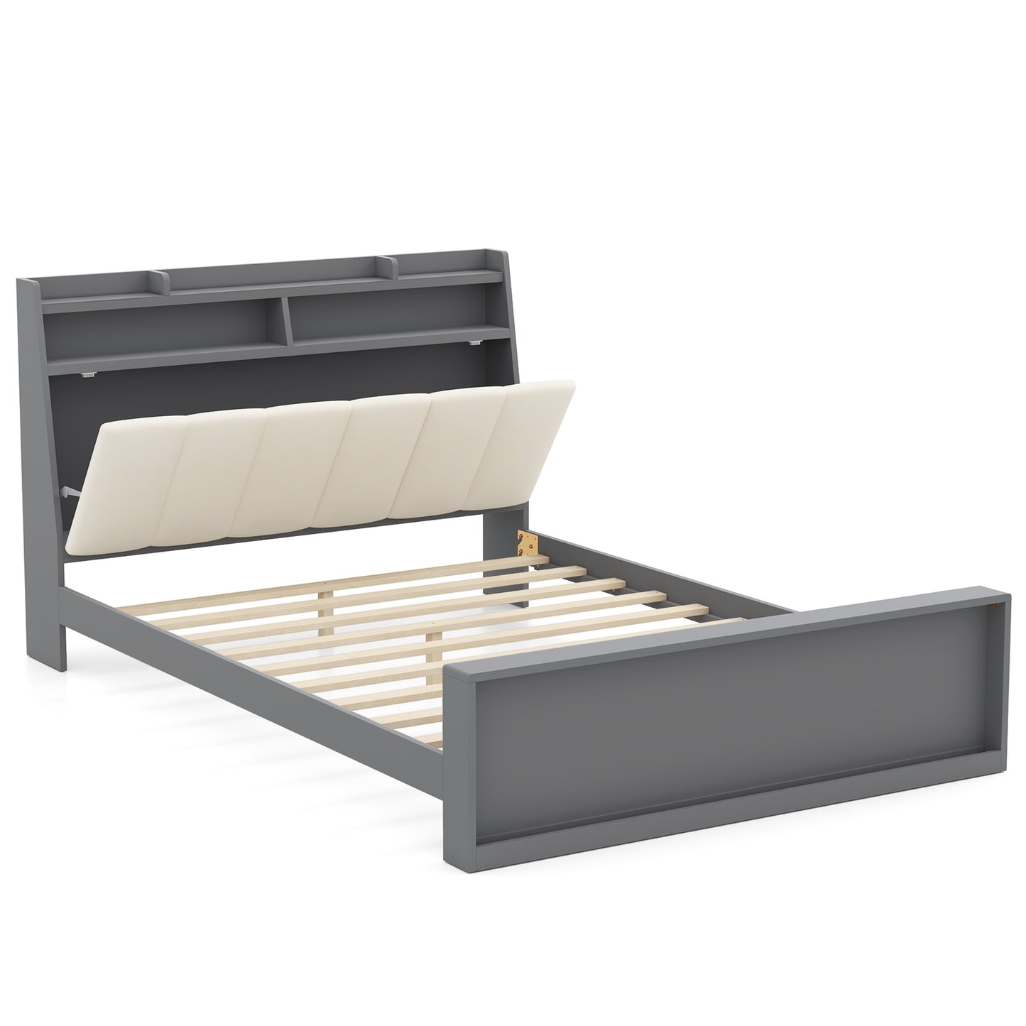 Modern Full Size Upholstered Platform Bed Frame with Storage Headboard and Footboard Shelves