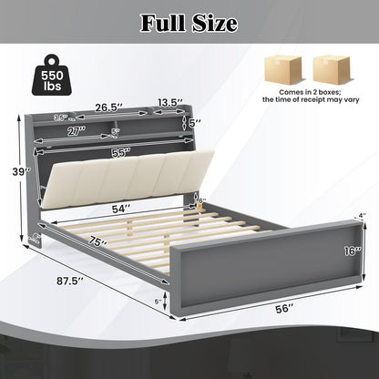 Modern Full Size Upholstered Platform Bed Frame with Storage Headboard and Footboard Shelves