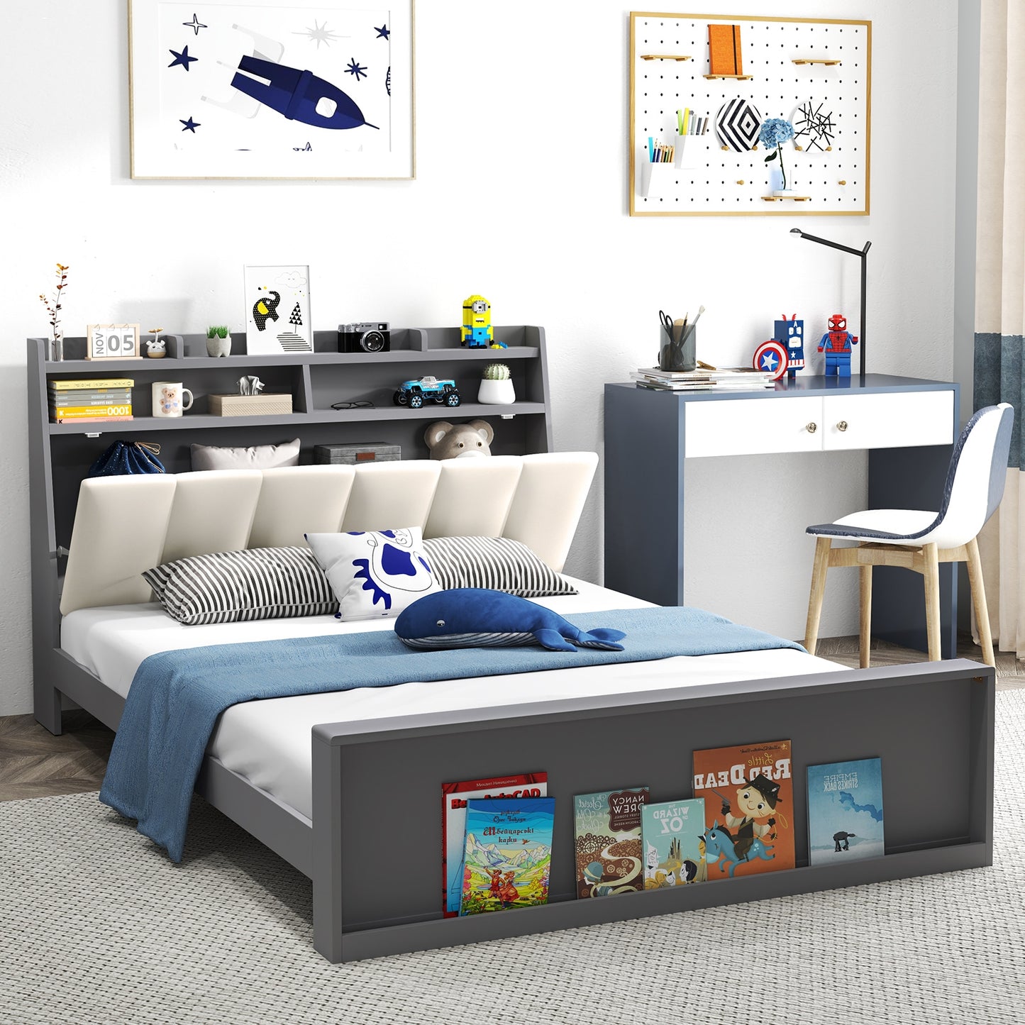 Modern Full Size Upholstered Platform Bed Frame with Storage Headboard and Footboard Shelves