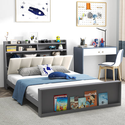 Modern Full Size Upholstered Platform Bed Frame with Storage Headboard and Footboard Shelves