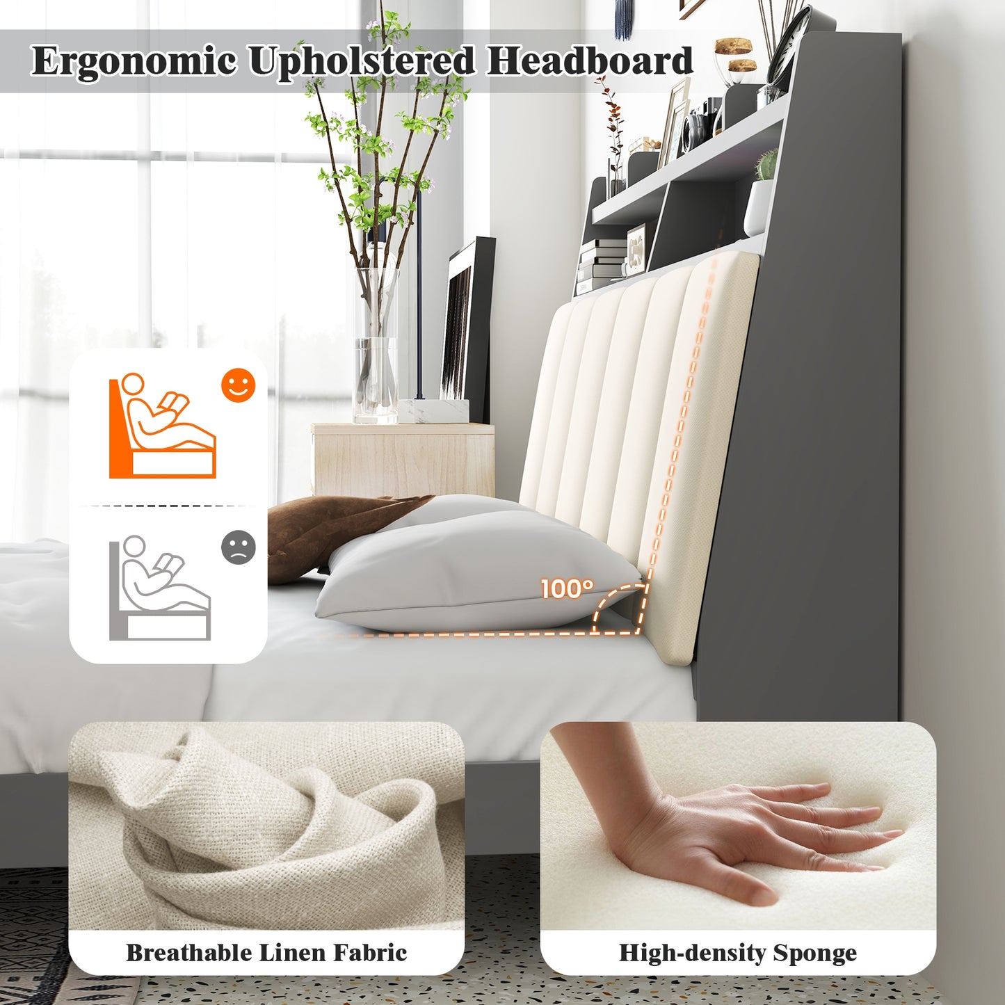 Modern Full Size Upholstered Platform Bed Frame with Storage Headboard and Footboard Shelves
