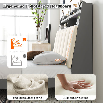 Modern Full Size Upholstered Platform Bed Frame with Storage Headboard and Footboard Shelves