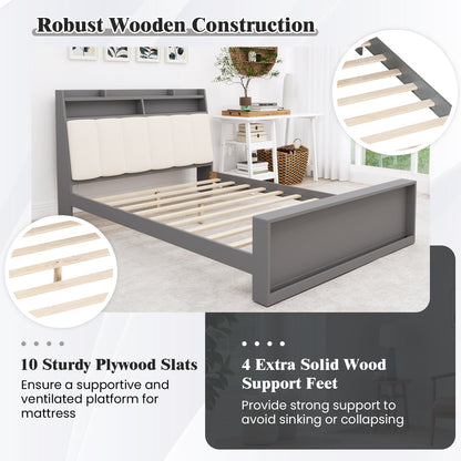 Modern Full Size Upholstered Platform Bed Frame with Storage Headboard and Footboard Shelves