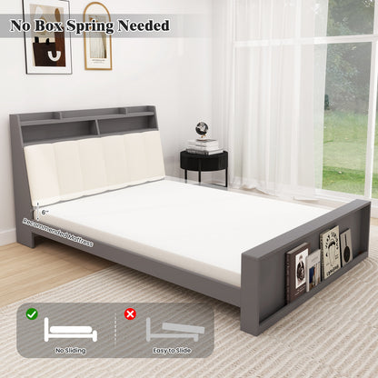 Modern Full Size Upholstered Platform Bed Frame with Storage Headboard and Footboard Shelves