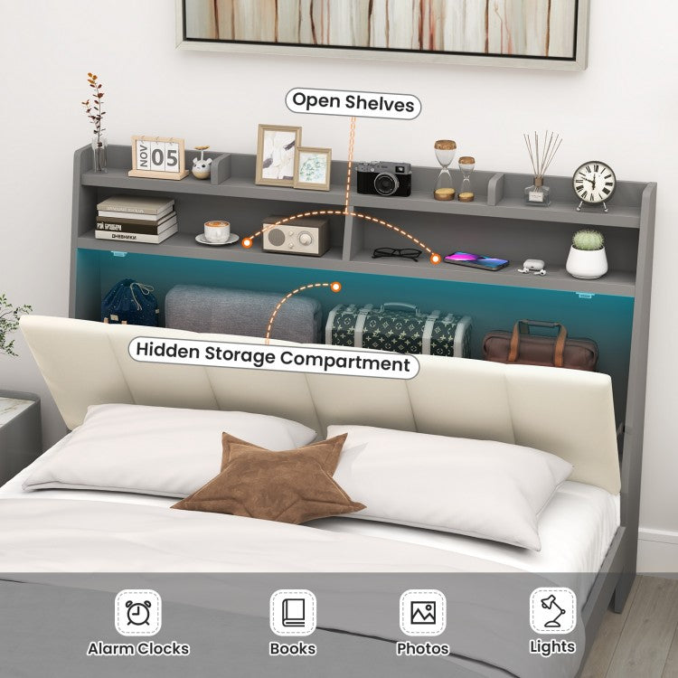 Modern Full Size Upholstered Platform Bed Frame with Storage Headboard and Footboard Shelves
