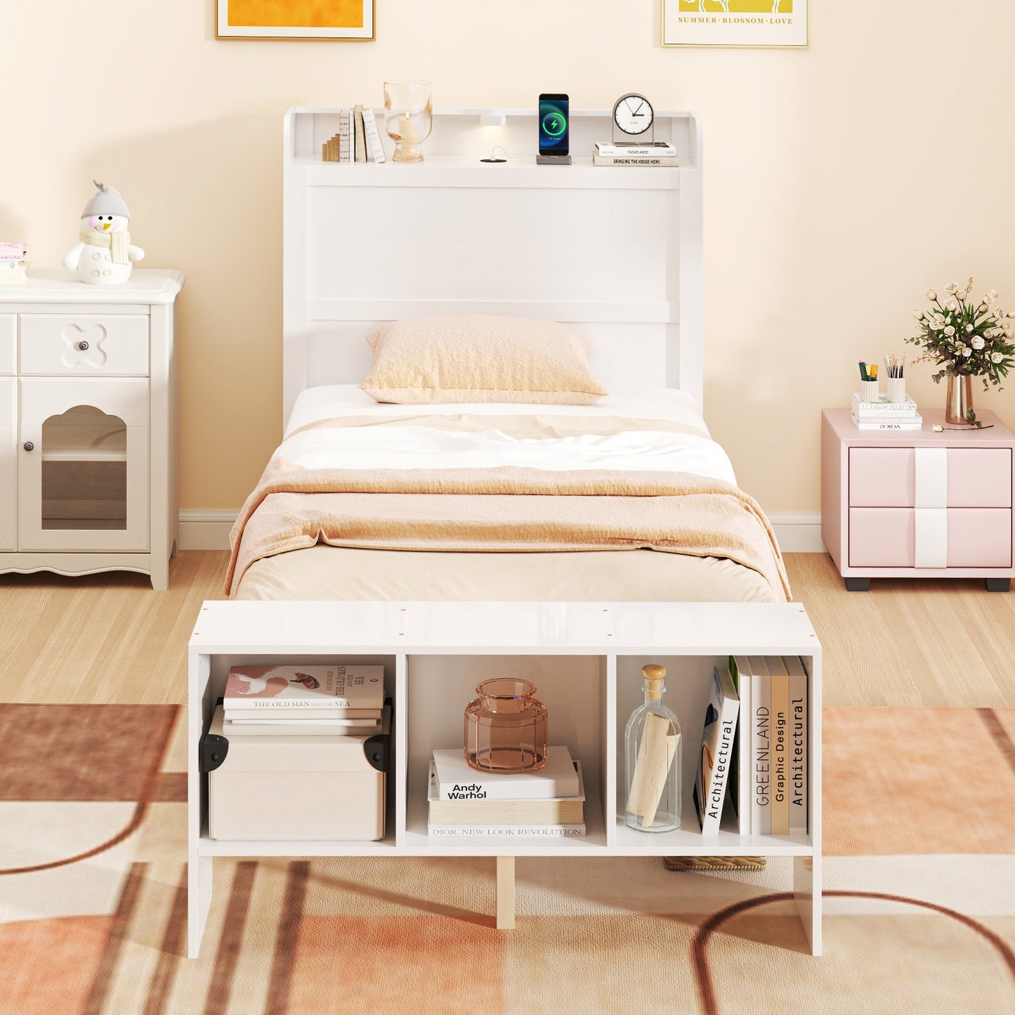 Wood Platform Bed Frame with LED Light, USB Ports, and Storage Headboard - Twin