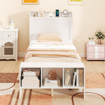 Wood Platform Bed Frame with LED Light, USB Ports, and Storage Headboard - Twin