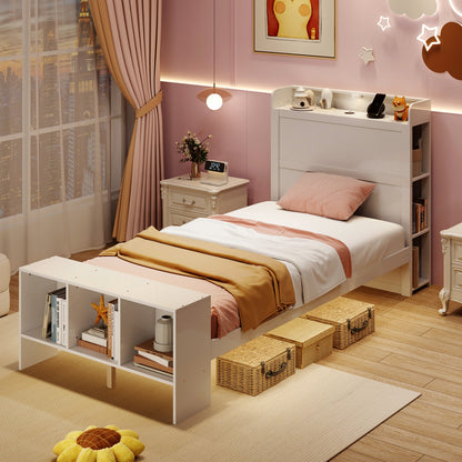 Wood Platform Bed Frame with LED Light, USB Ports, and Storage Headboard - Twin