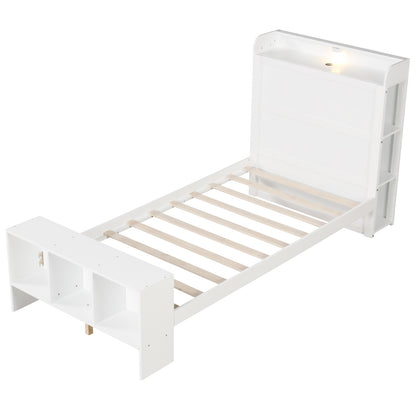 Wood Platform Bed Frame with LED Light, USB Ports, and Storage Headboard - Twin