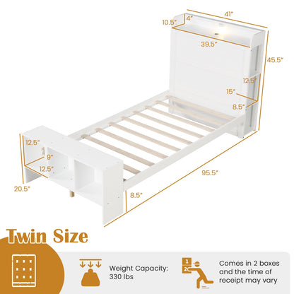 Wood Platform Bed Frame with LED Light, USB Ports, and Storage Headboard - Twin