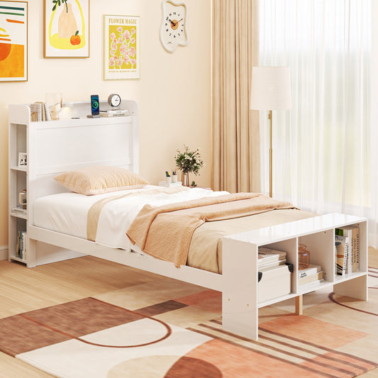 Wood Platform Bed Frame with LED Light, USB Ports, and Storage Headboard - Twin