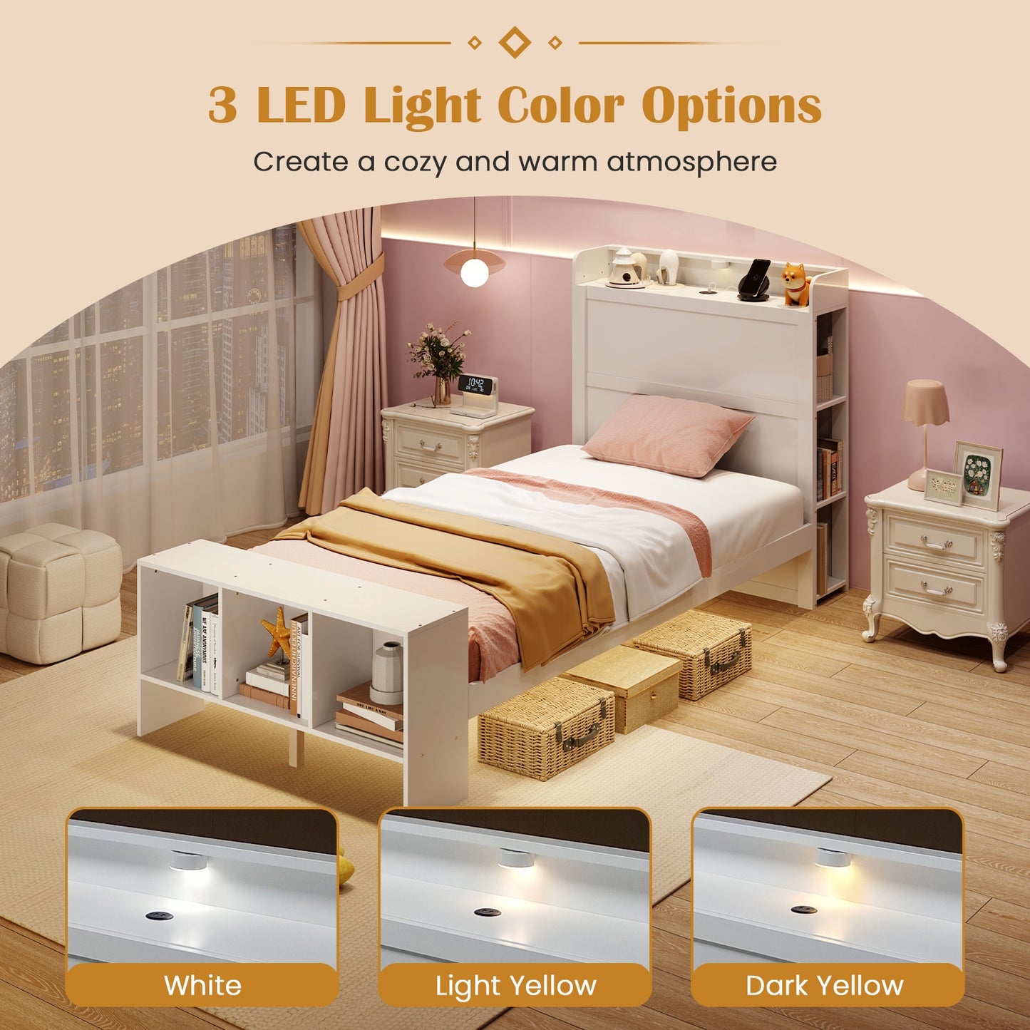 Wood Platform Bed Frame with LED Light, USB Ports, and Storage Headboard - Twin