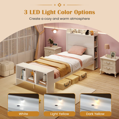 Wood Platform Bed Frame with LED Light, USB Ports, and Storage Headboard - Twin