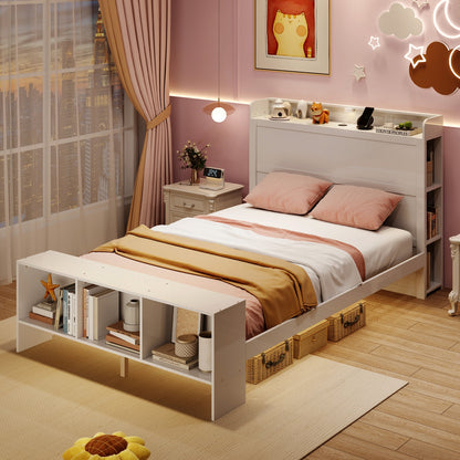 Wood Platform Bed Frame with LED Light, USB Ports, and Storage Headboard - Full Size