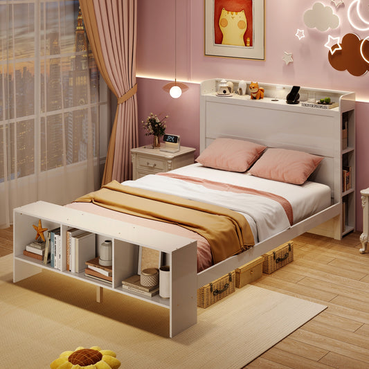 Wood Platform Bed Frame with LED Light, USB Ports, and Storage Headboard - Full Size