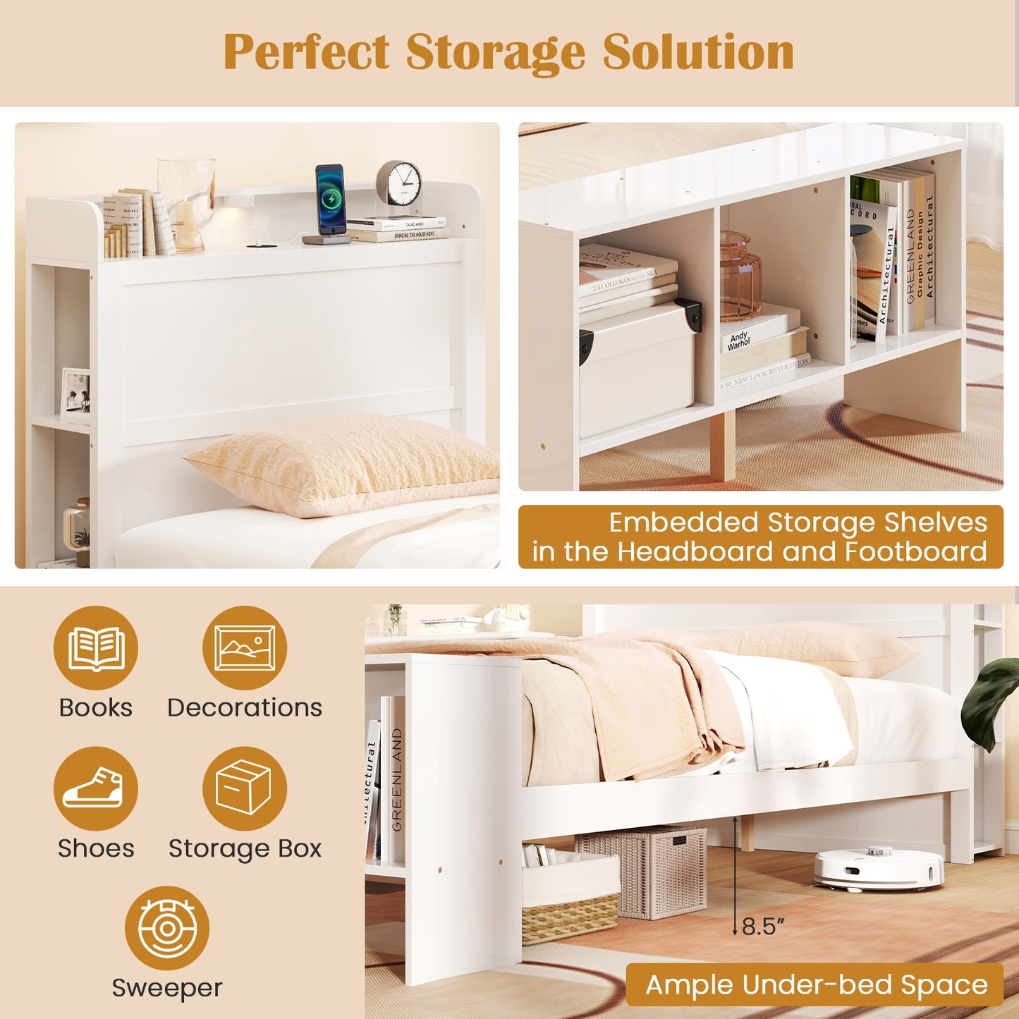 Wood Platform Bed Frame with LED Light, USB Ports, and Storage Headboard - Twin