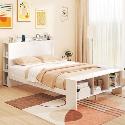 Wood Platform Bed Frame with LED Light, USB Ports, and Storage Headboard - Full Size