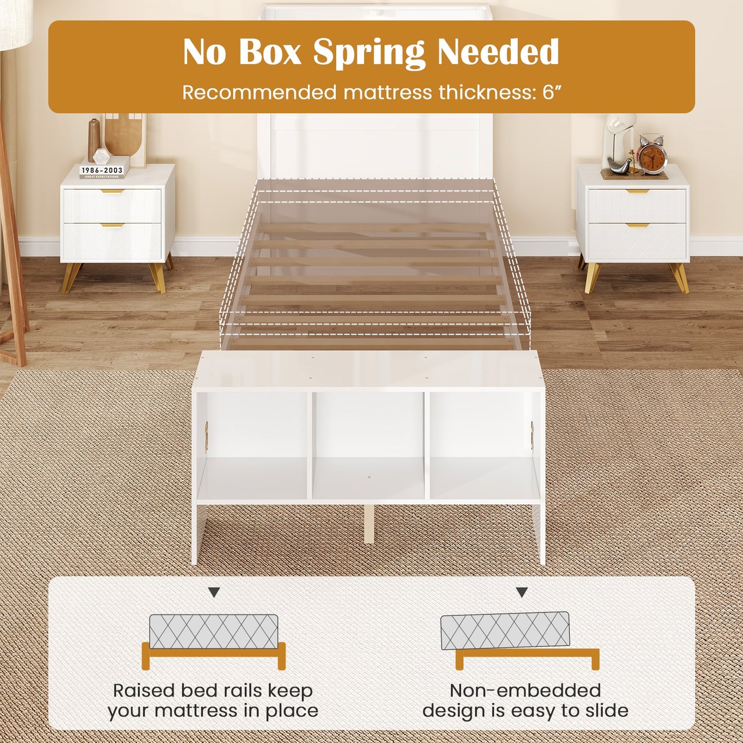 Wood Platform Bed Frame with LED Light, USB Ports, and Storage Headboard - Twin