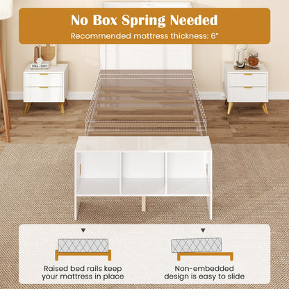 Wood Platform Bed Frame with LED Light, USB Ports, and Storage Headboard - Twin