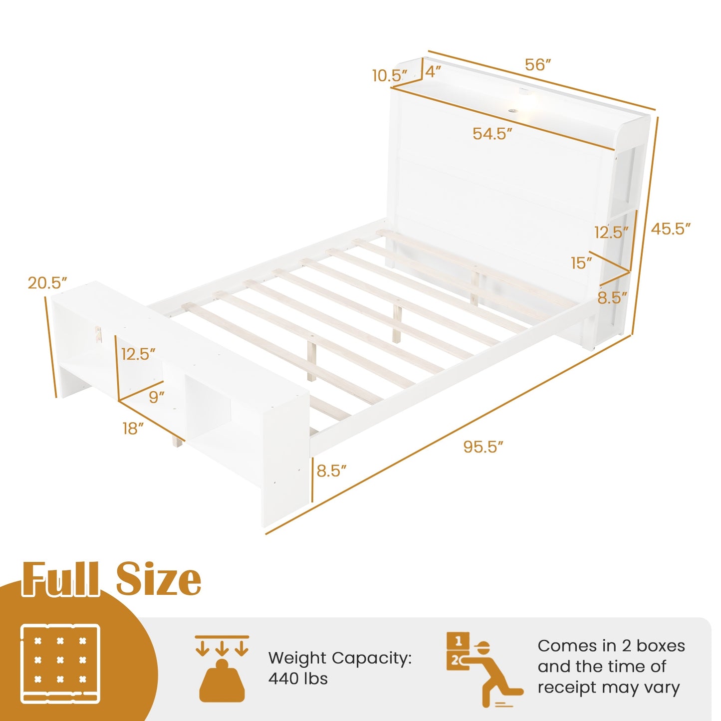 Wood Platform Bed Frame with LED Light, USB Ports, and Storage Headboard - Full Size