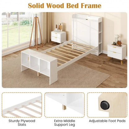 Wood Platform Bed Frame with LED Light, USB Ports, and Storage Headboard - Twin