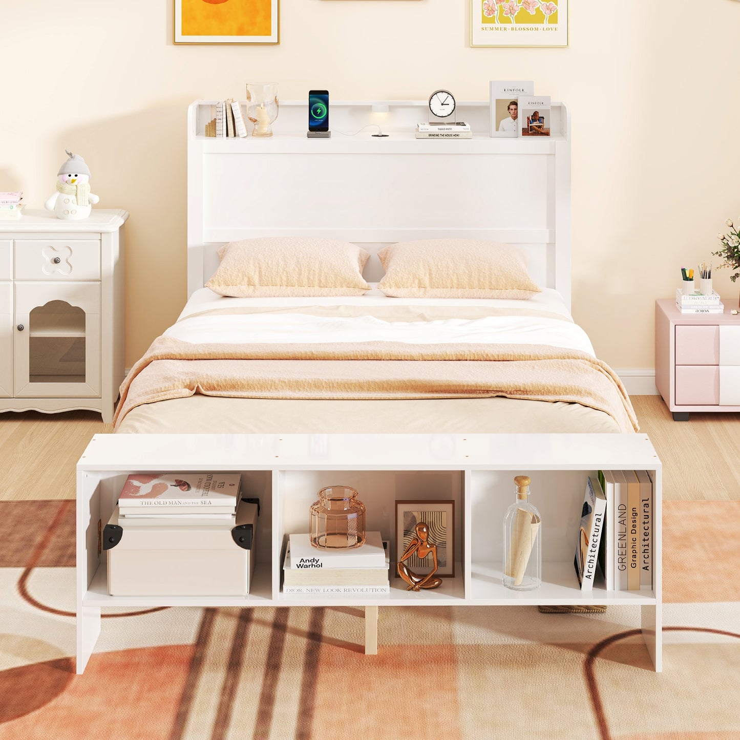 Wood Platform Bed Frame with LED Light, USB Ports, and Storage Headboard - Full Size