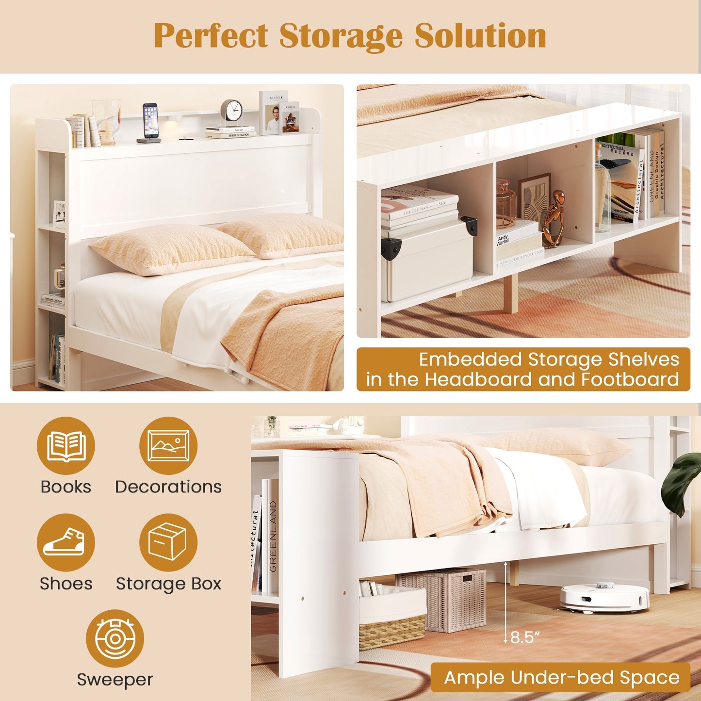 Wood Platform Bed Frame with LED Light, USB Ports, and Storage Headboard - Full Size
