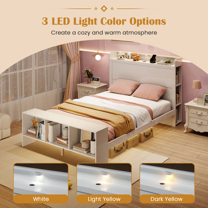 Wood Platform Bed Frame with LED Light, USB Ports, and Storage Headboard - Full Size