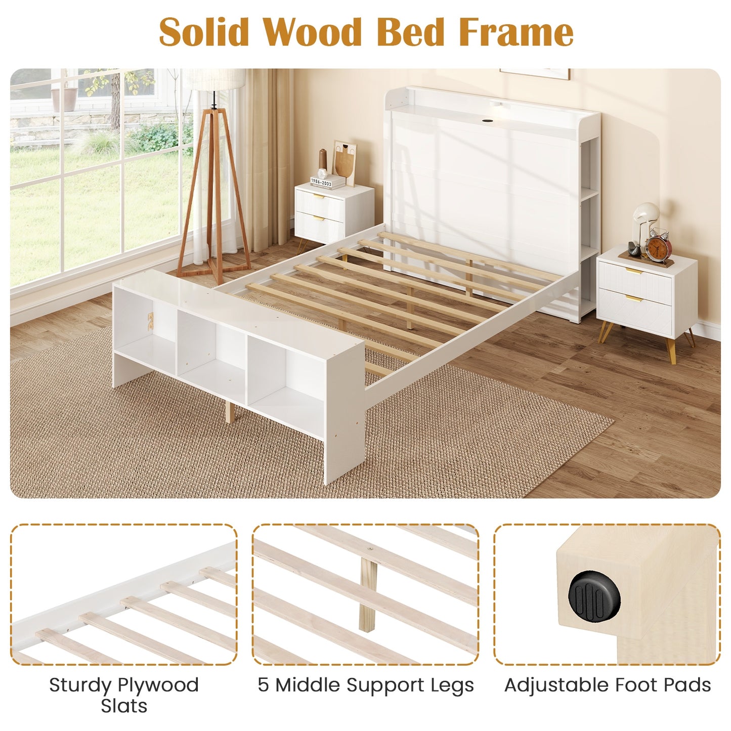 Wood Platform Bed Frame with LED Light, USB Ports, and Storage Headboard - Full Size