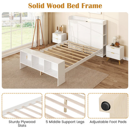 Wood Platform Bed Frame with LED Light, USB Ports, and Storage Headboard - Full Size