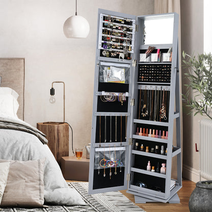 360 Degree Rotating Jewelry Armoire with Lockable Storage and Full Length Mirror in Grey