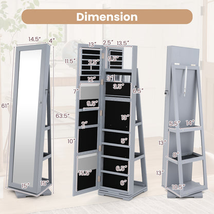 360 Degree Rotating Jewelry Armoire with Lockable Storage and Full Length Mirror in Grey