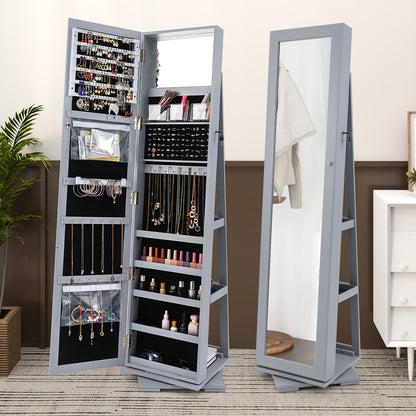 360 Degree Rotating Jewelry Armoire with Lockable Storage and Full Length Mirror in Grey