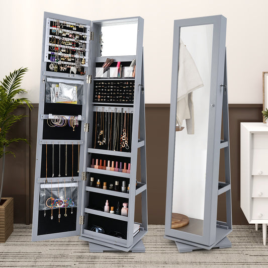 360 Degree Rotating Jewelry Armoire with Lockable Storage and Full Length Mirror in Grey