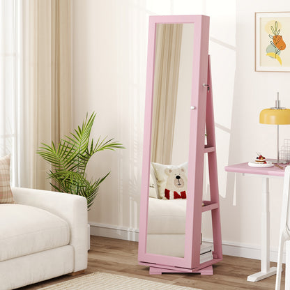 360 Degree Rotating Jewelry Armoire with Lockable Storage and Full Length Mirror in Pink
