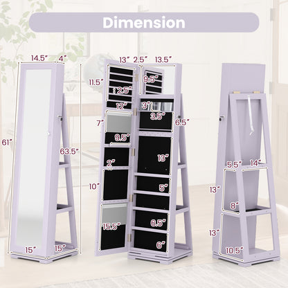 360 Degree Rotating Jewelry Armoire with Lockable Storage and Full Length Mirror in Purple