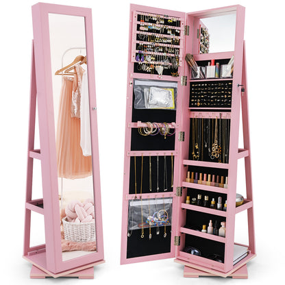 360 Degree Rotating Jewelry Armoire with Lockable Storage and Full Length Mirror in Pink