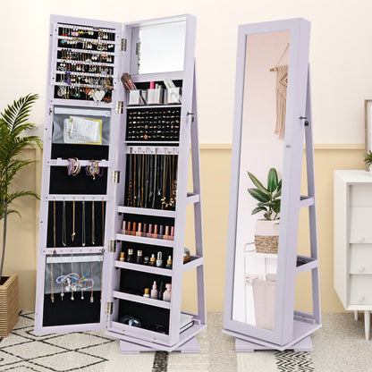 360 Degree Rotating Jewelry Armoire with Lockable Storage and Full Length Mirror in Purple