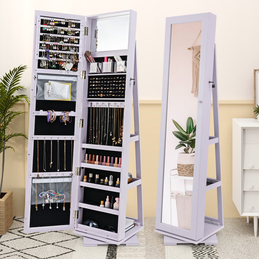 360 Degree Rotating Jewelry Armoire with Lockable Storage and Full Length Mirror in Purple