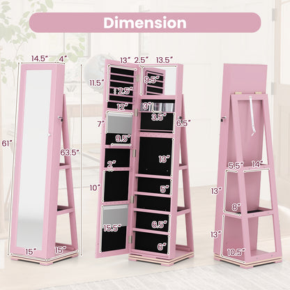 360 Degree Rotating Jewelry Armoire with Lockable Storage and Full Length Mirror in Pink