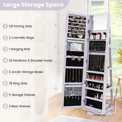 360 Degree Rotating Jewelry Armoire with Lockable Storage and Full Length Mirror in Purple