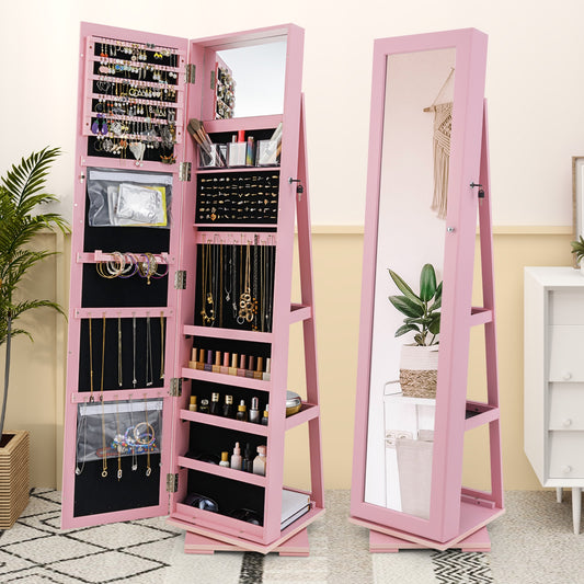 360 Degree Rotating Jewelry Armoire with Lockable Storage and Full Length Mirror in Pink