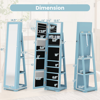 360 Degree Rotating Jewelry Armoire with Lockable Storage and Full Length Mirror in Blue