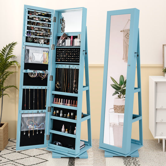 360 Degree Rotating Jewelry Armoire with Lockable Storage and Full Length Mirror in Blue