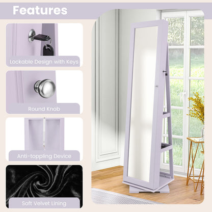 360 Degree Rotating Jewelry Armoire with Lockable Storage and Full Length Mirror in Purple
